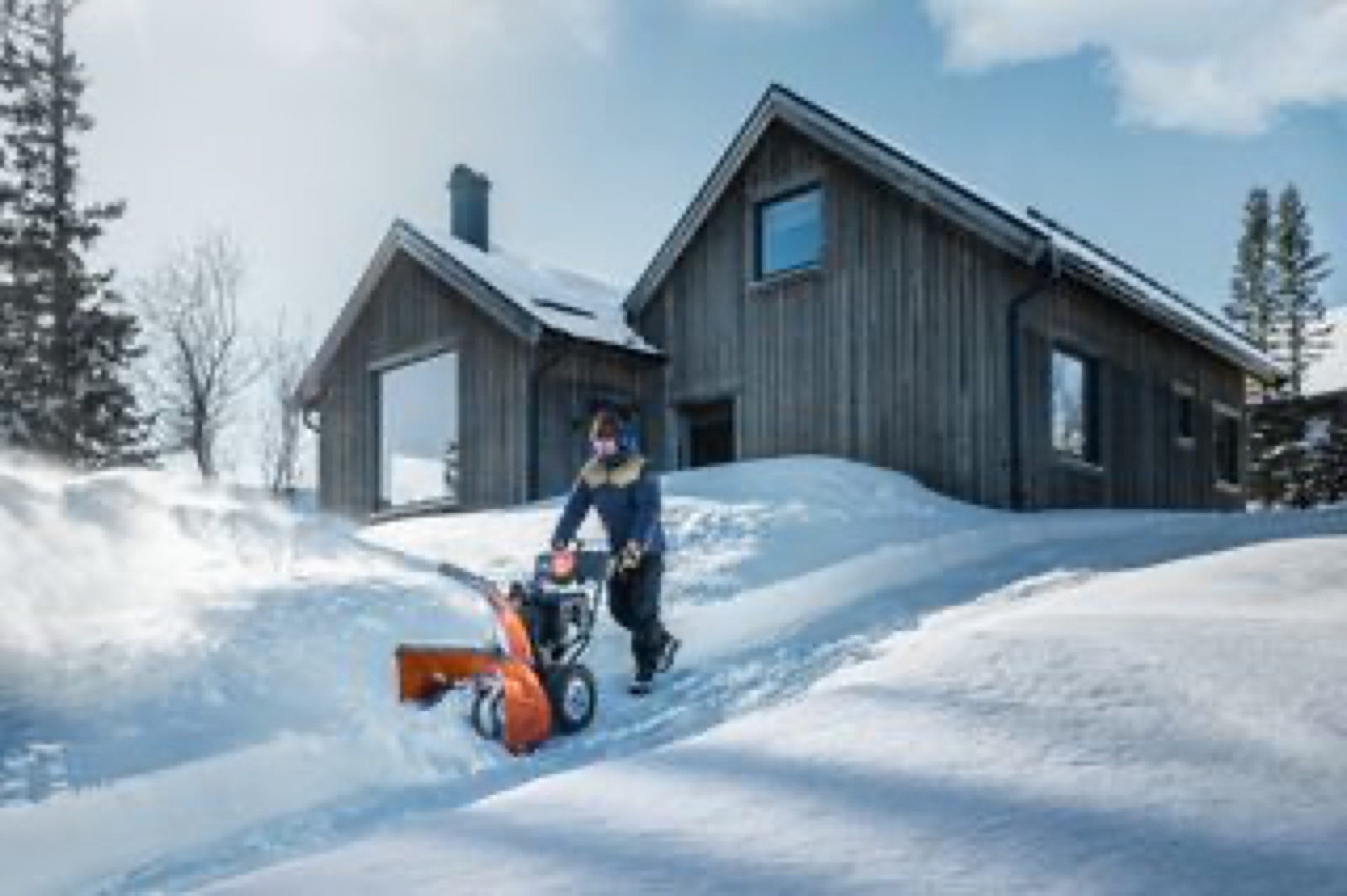 Person bruker en totrinns Husqvarna snøfreser i dyp snø ved et moderne trehus i vintersol