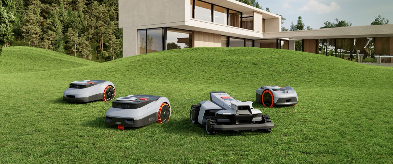 Fire Segway Navimow robotgressklippere på en plen foran et moderne hus i sol